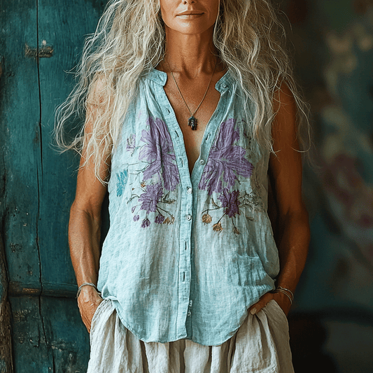Women's Vintage Bohemia Linen Style Flower Print Sleeveless Vest Top Shirt