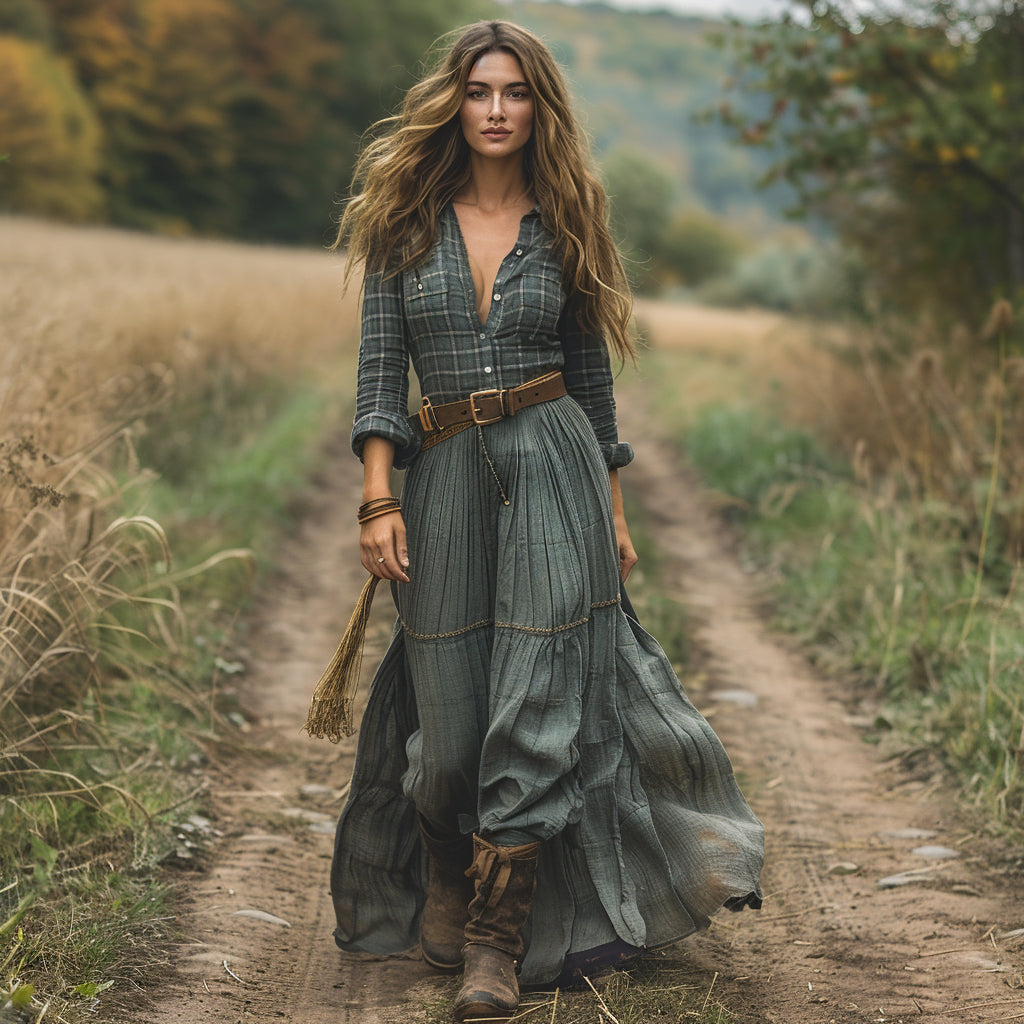 Women's Vintage V-neck Bohemian Pastoral Style Long-sleeve Maxi Long Dress