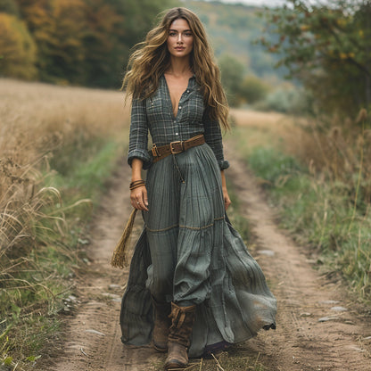 Women's Vintage V-neck Bohemian Pastoral Style Long-sleeve Maxi Long Dress