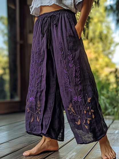 Hamivibe Vintage Bohemian Lavender Art Printed Cotton Linen Wide Leg Pants 4abb