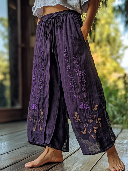 Hamivibe Vintage Bohemian Lavender Art Printed Cotton Linen Wide Leg Pants 4abb