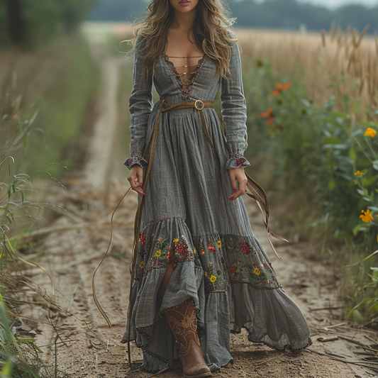 Women's Vintage V-neck Floral Bohemian Pastoral Style Long-sleeved Maxi Long Dress
