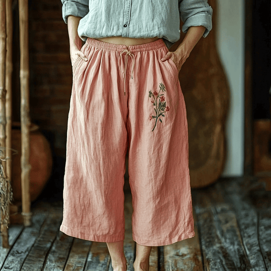 Women's Linen Bohemian Style Floral Casual Wide-leg Trouser Pants