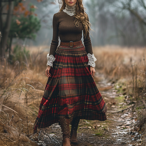 Women's Retro High Neck Long-sleeve Long Skirt Plaid Pastoral Style Maxi Long Dress