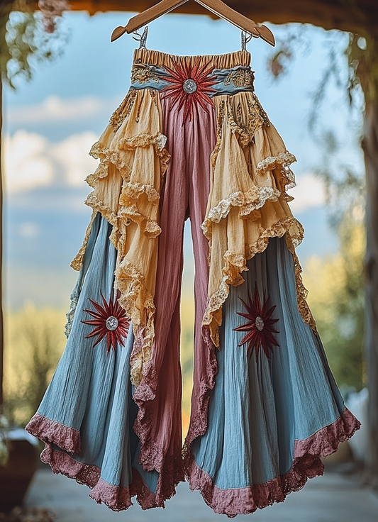 Summer ruffled cotton and linen patchwork contrast color pants e167