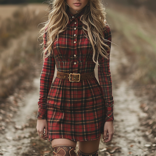 Women's Retro Plaid Pastoral Style Long-sleeve Mini Short Dress