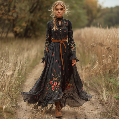 Women's Vintage Country Pastoral Linen Style Long-sleeve Maxi Long Dress