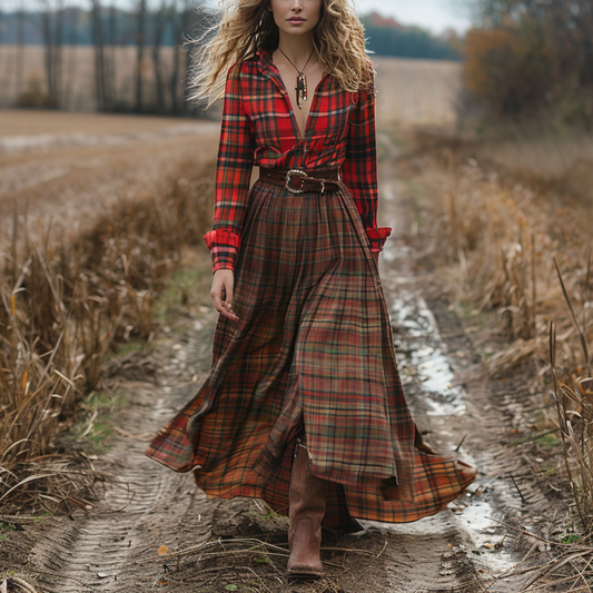 Women's Retro V-neck Plaid Long-sleeve Bohemian Pastoral Style Maxi Long Dress