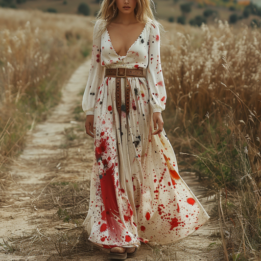 Women's Retro V-neck Pastoral Halloween Party Style Long-sleeve Maxi Long Dress