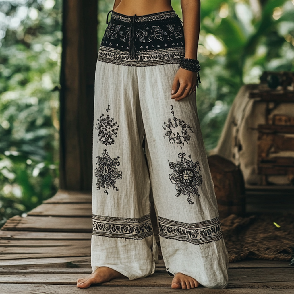 Hamivibe Vintage Bohemian Forest Floral Ethnic Art Printed Cotton Linen Wide Leg Pants 1b82