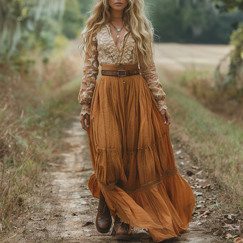 Women's Retro V-neck Country Pastoral Linen Style Long-sleeve Casual Maxi Long Dress