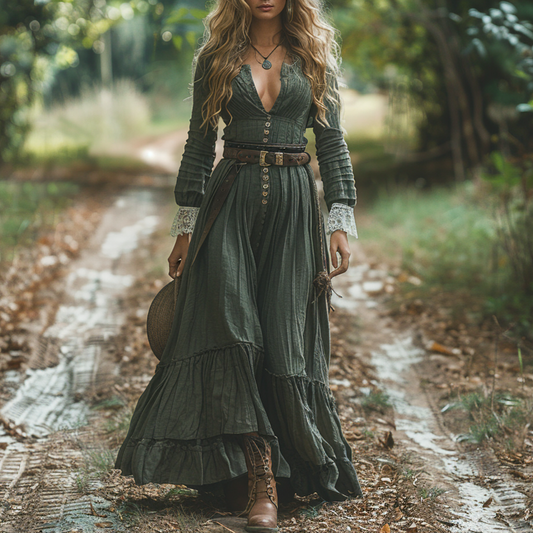 Women's Vintage V-neck Linen Long-sleeve Maxi Long Dress