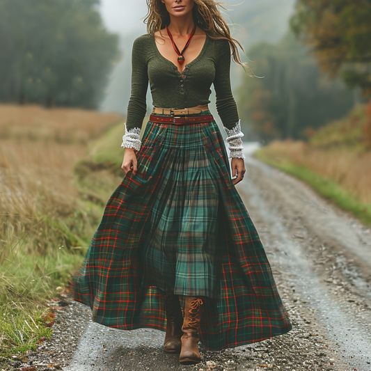 Women's Retro Plaid V-neck Long-sleeve Long Skirt Pastoral Style Maxi Long Dress