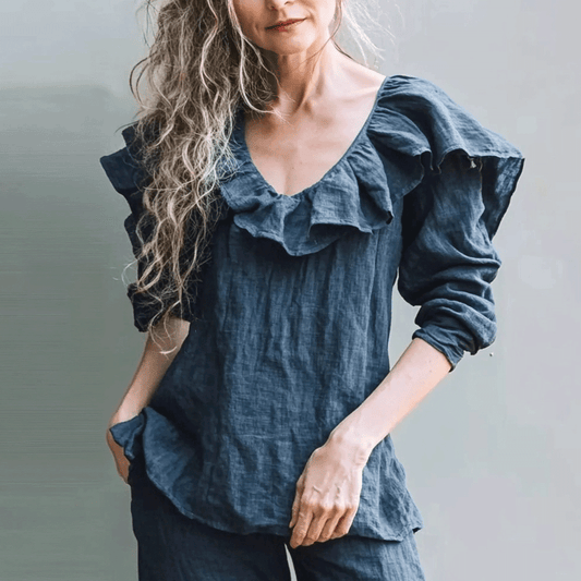 Women's Casual Linen Ruffled Long-sleeve Top Shirt