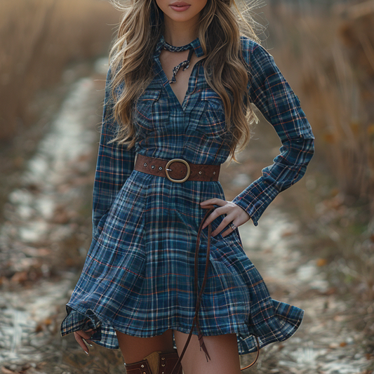 Women's Retro Plaid Pastoral Style Long-sleeve Mini Short Dress