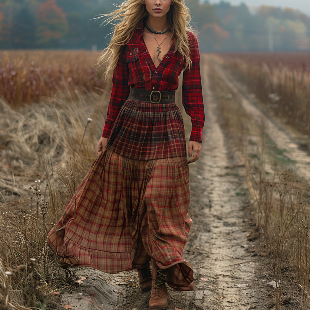 Women's Retro V-neck Plaid Long-sleeve Bohemian Pastoral Style Maxi Long Dress