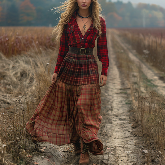 Women's Retro V-neck Plaid Long-sleeve Bohemian Pastoral Style Maxi Long Dress
