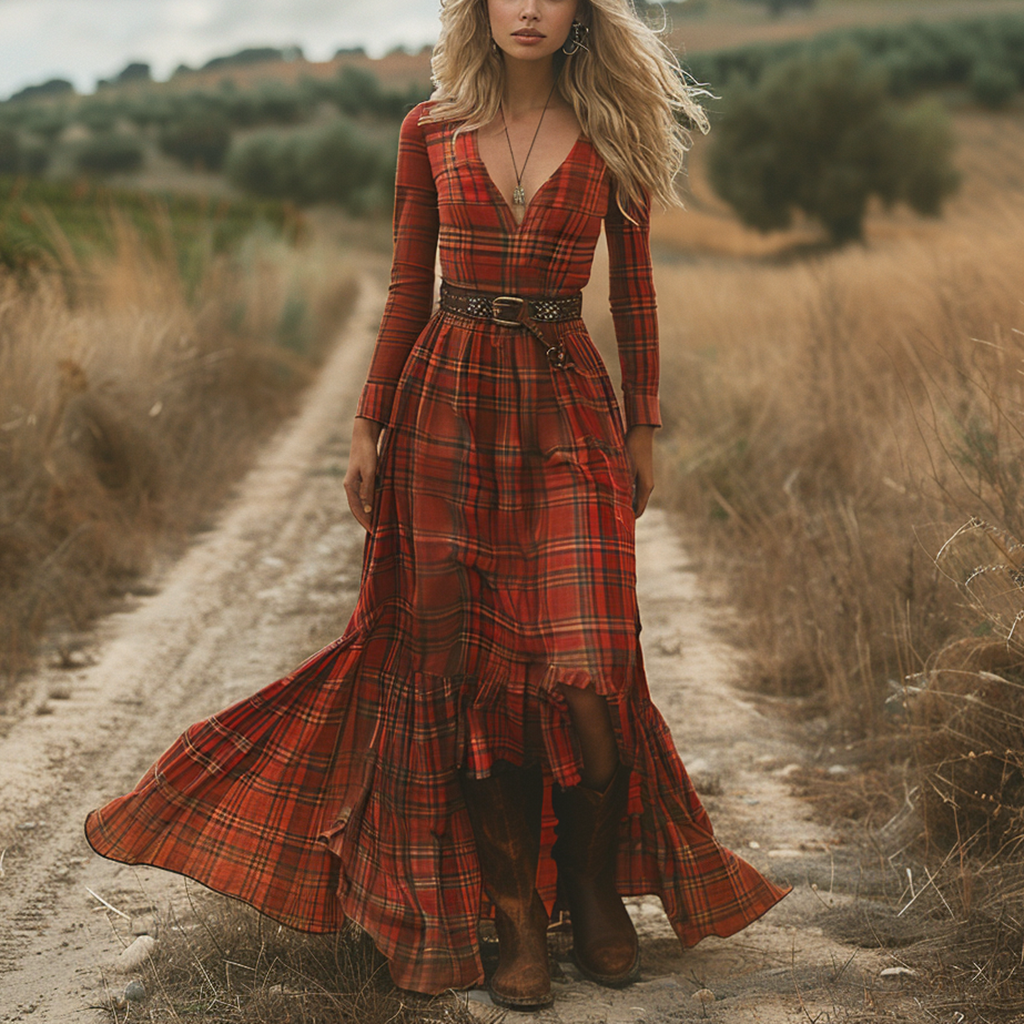 Women's Vintage V-neck Bohemian Pastoral Style Long-sleeve Maxi Long Dress