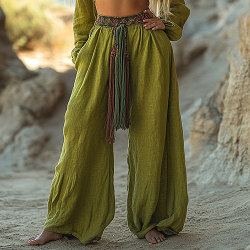 Women's Casual Bohemia Vacation Linen Style Long Loose Wide-leg Trouser Pants