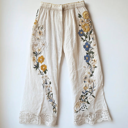 Hamivibe Floral Embroidery Lace Trimmed Women's Linen Pants 329b