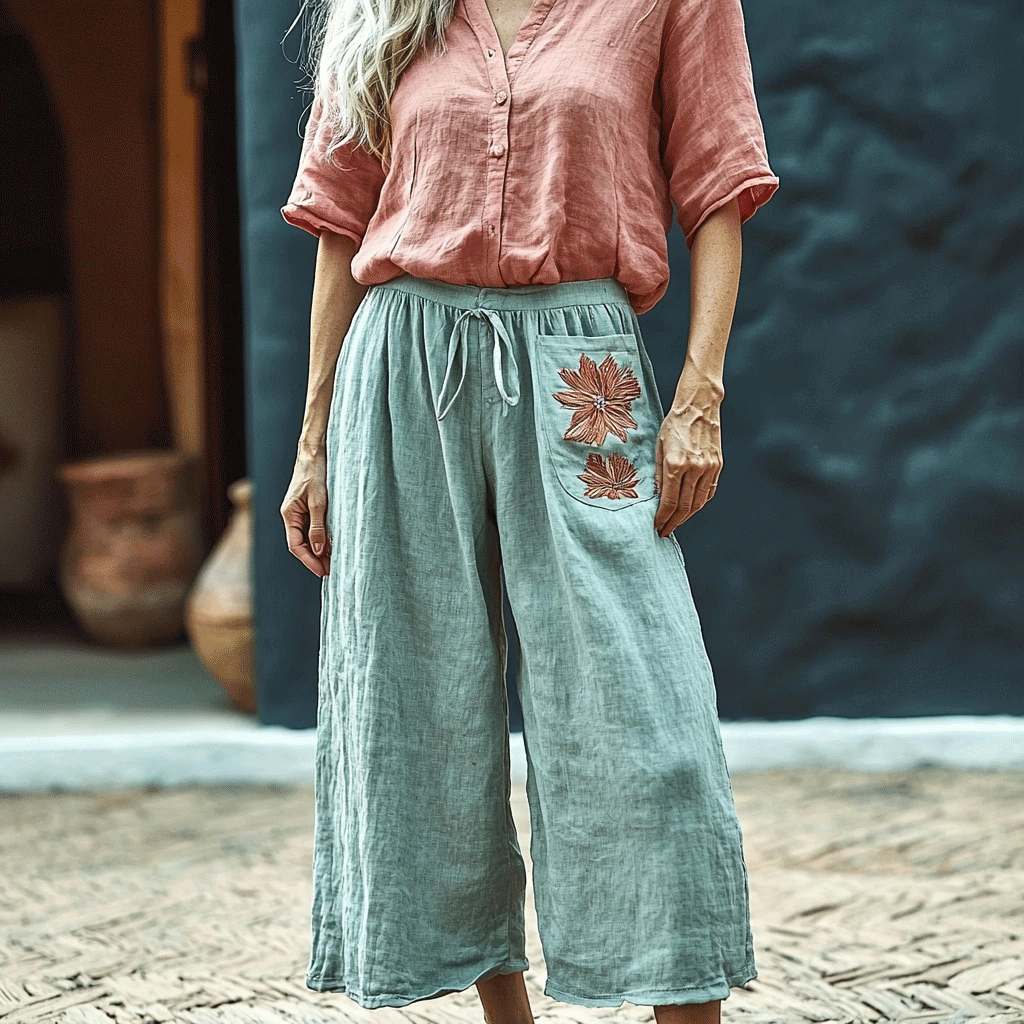 Women's Linen Wide-leg Ethnic Floral Casual Cropped Trouser Pants