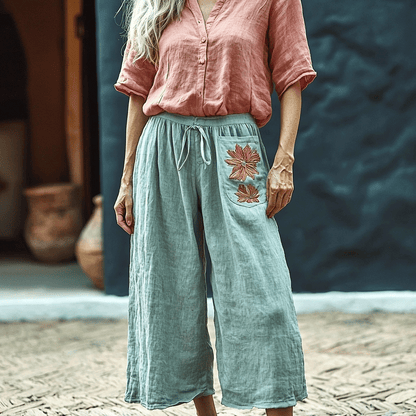Women's Linen Wide-leg Ethnic Floral Casual Cropped Trouser Pants