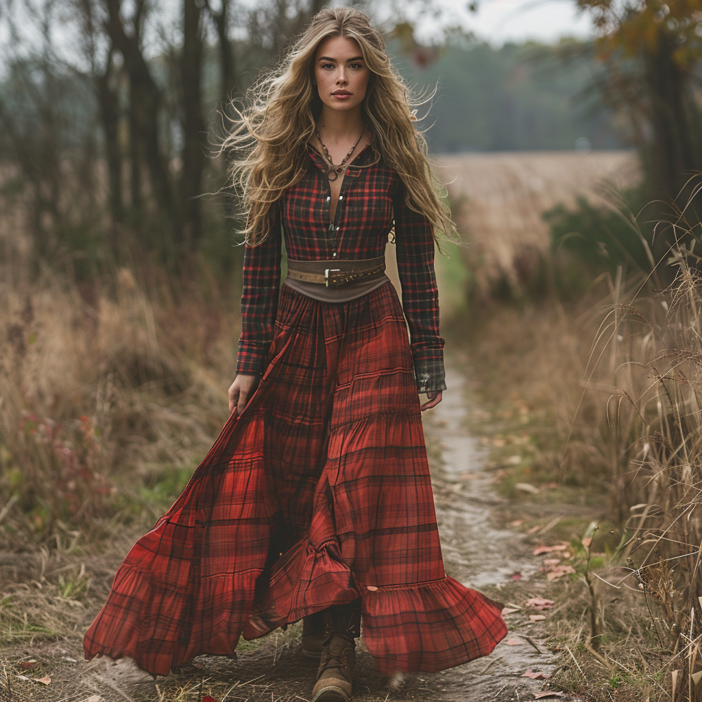 Women's Vintage V-neck Bohemian Pastoral Plaid Style Long-sleeve Maxi Long Dress