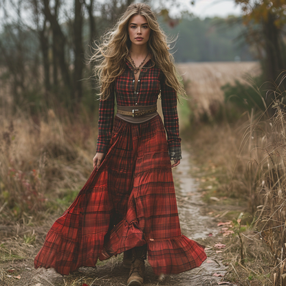 Women's Vintage V-neck Bohemian Pastoral Plaid Style Long-sleeve Maxi Long Dress