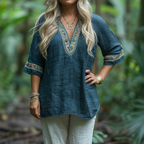 Retro Loose Bohemia Ethnic Style Linen V-neck Short-sleeved Top