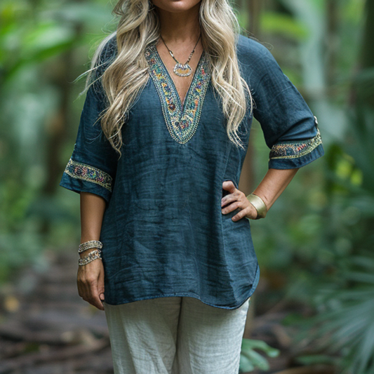 Retro Loose Bohemia Ethnic Style Linen V-neck Short-sleeved Top