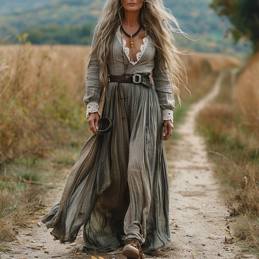 Women's Vintage Pastoral Style V-neck Linen Long-sleeve Maxi Long Dress