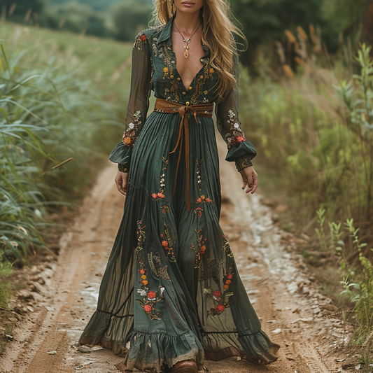 Women's Vintage V-neck Floral Bohemian Pastoral Style Long-sleeved Maxi Long Dress