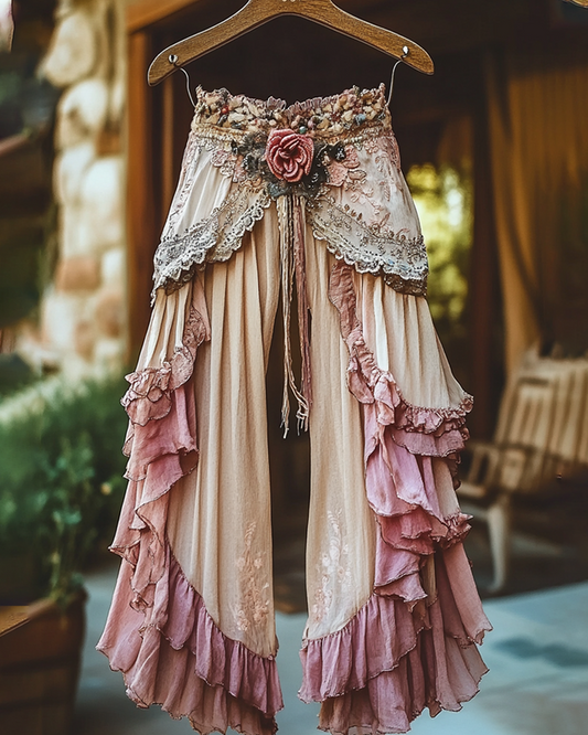 Summer ruffled cotton and linen patchwork contrast color pants 2776