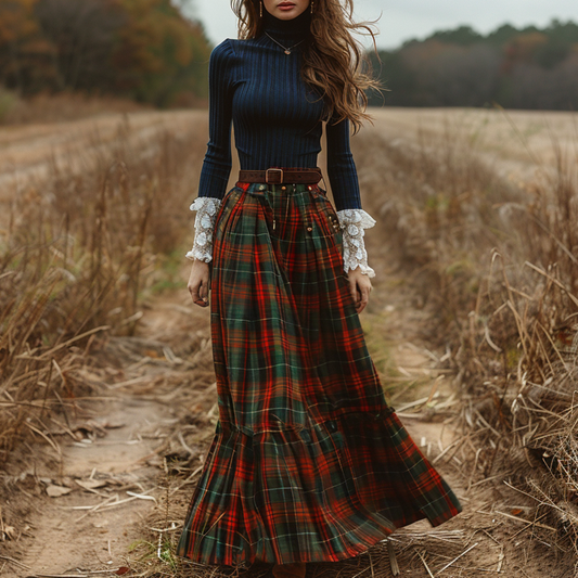 Women's Retro High Neck Long-sleeve Long Skirt Plaid Pastoral Style Maxi Long Dress