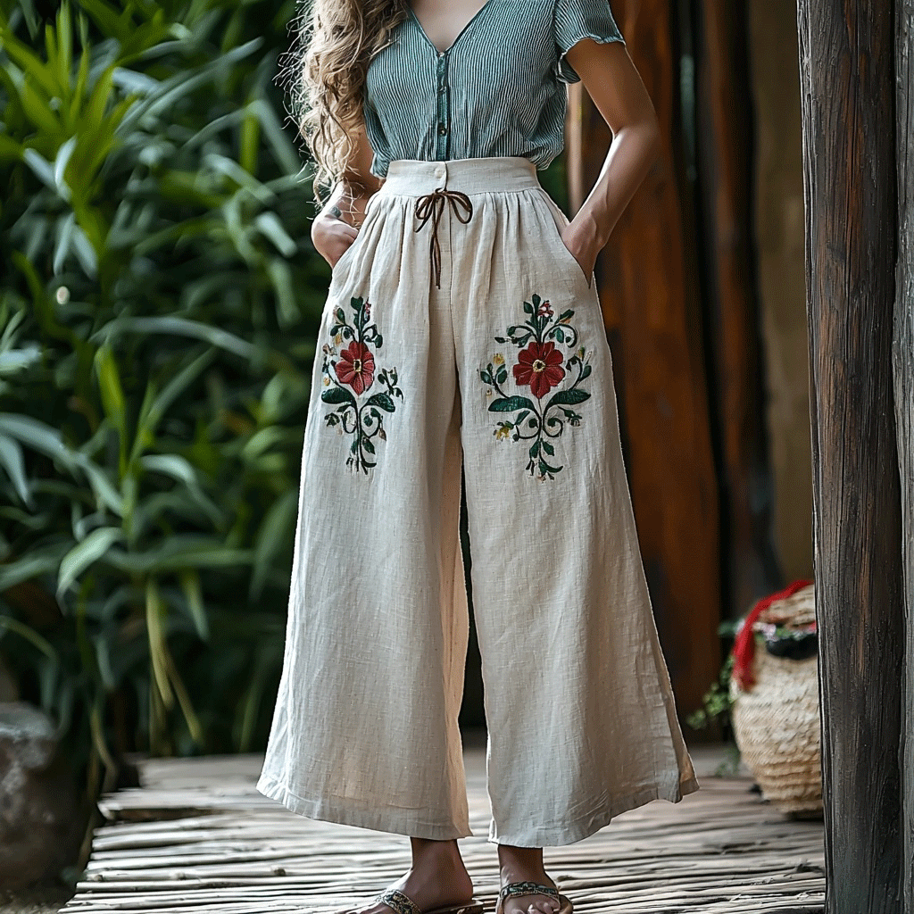 Women's Linen Bohemian Floral Cropped Trouser Pants