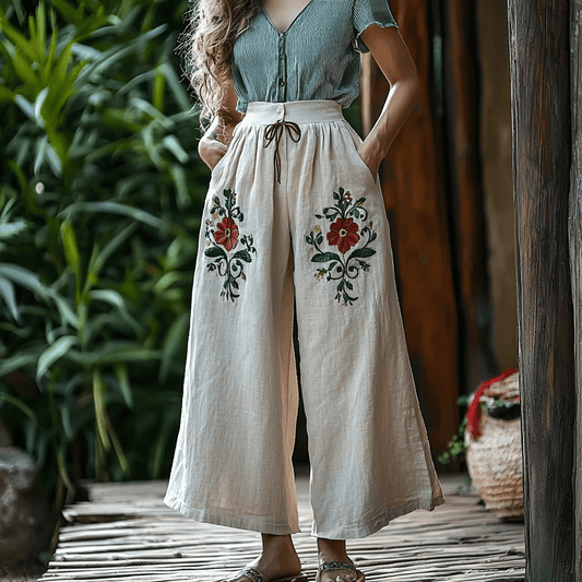 Women's Linen Bohemian Floral Cropped Trouser Pants