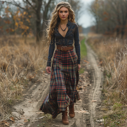 Women's Retro V-neck Plaid Long-sleeve Bohemian Pastoral Style Maxi Long Dress