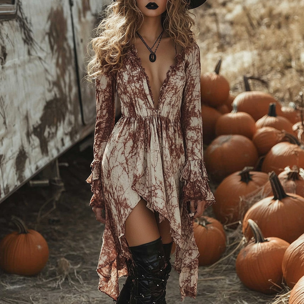 Women's Halloween Witch Style Tie-dye Long-sleeve Mini Short Dress