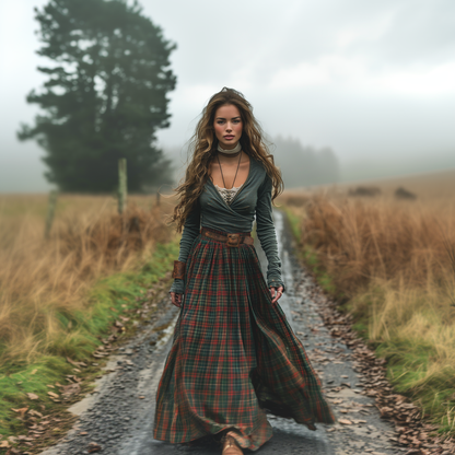 Women's Retro Plaid V-neck Long-sleeve Long Skirt Pastoral Style Maxi Long Dress