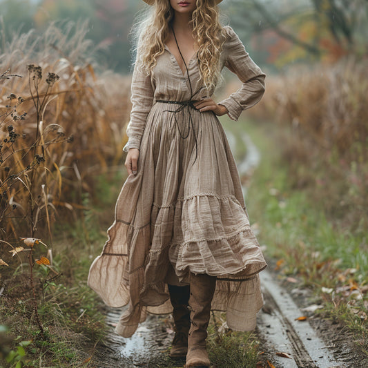 Women's Vintage V-neck Bohemian Pastoral Style Long-sleeve Maxi Long Dress