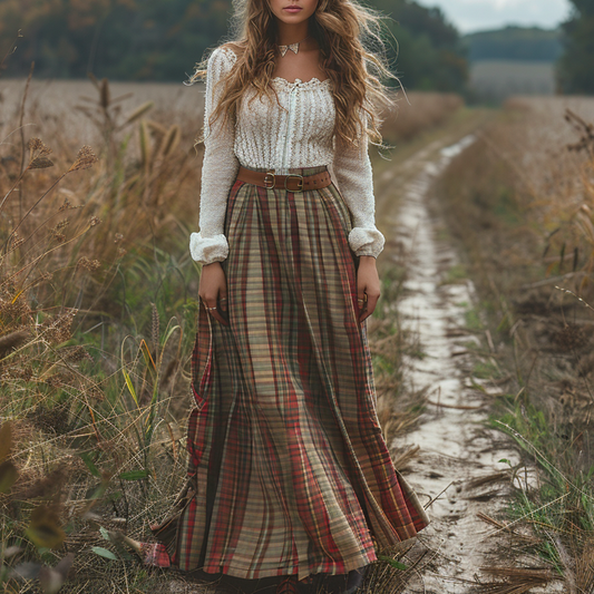 Women's Retro Plaid V-neck Long-sleeve Long Skirt Pastoral Style Maxi Long Dress