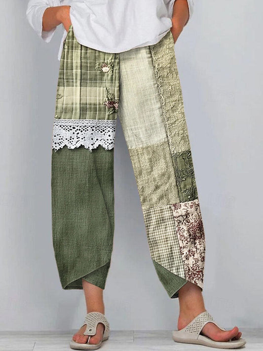 Boho Floral Pattern Lace Patchwork Linen Blend Pants f441