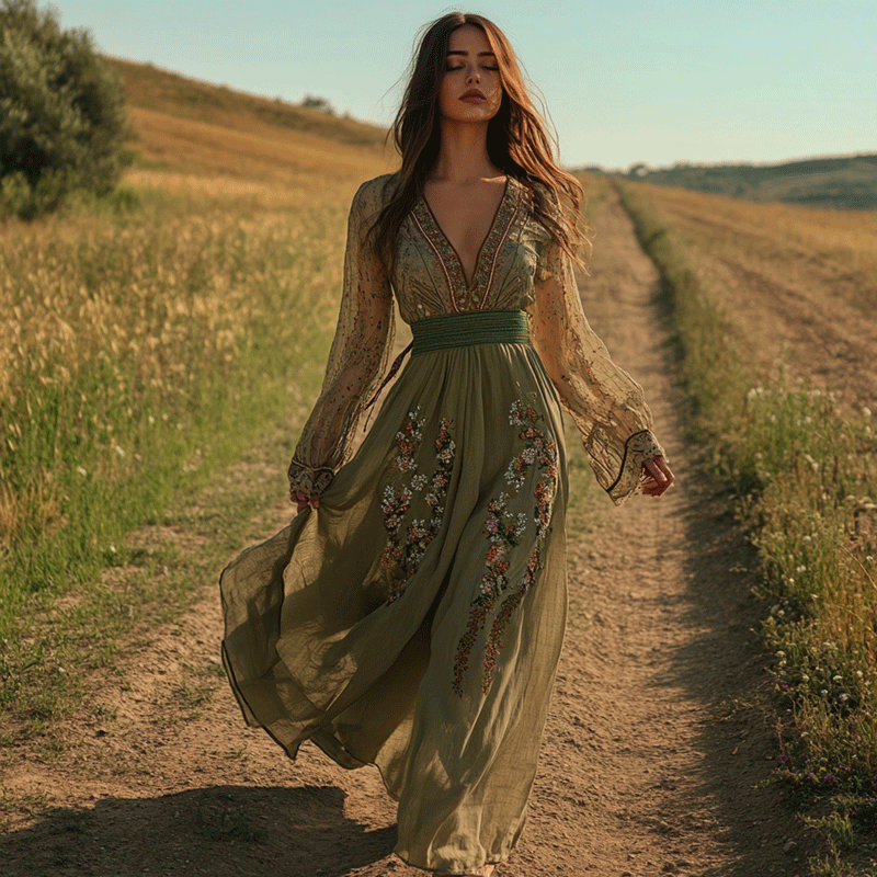 Women's Elegant Bohemian Pastoral Style Maxi Long Dress