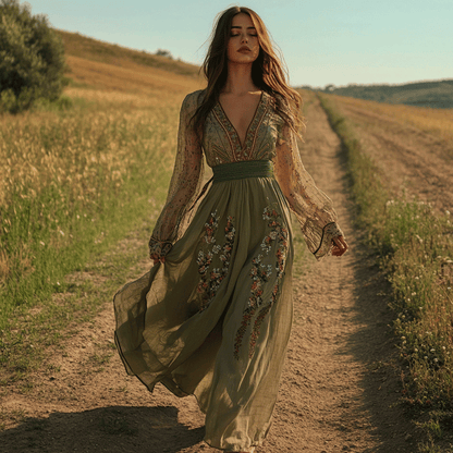 Women's Elegant Bohemian Pastoral Style Maxi Long Dress
