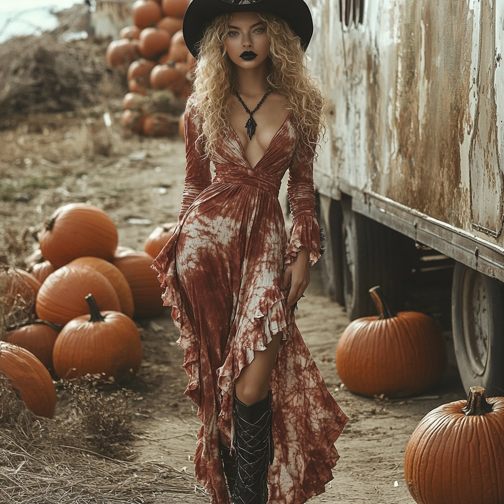 Women's Halloween Witch Style Tie-dye Long-sleeve Maxi Long Dress