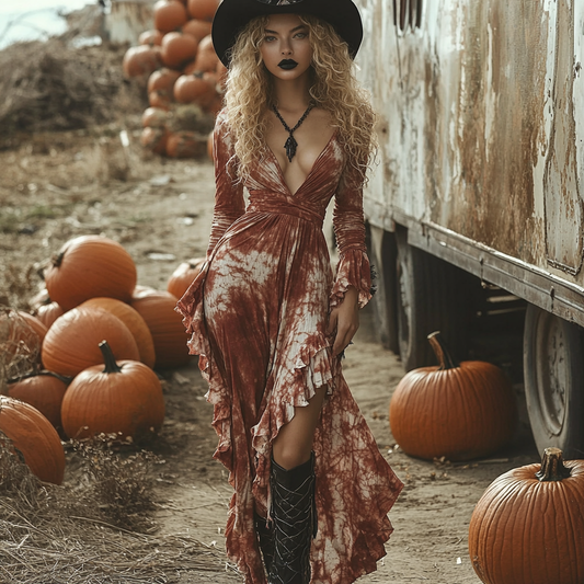 Women's Halloween Witch Style Tie-dye Long-sleeve Maxi Long Dress