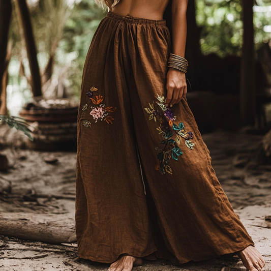 Bohemian Holiday Style Retro Linen Floral Ethnic Totem Print Casual Pants