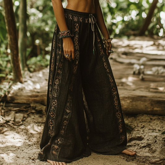 Bohemian Holiday Style Retro Linen Floral Ethnic Totem Print Casual Pants