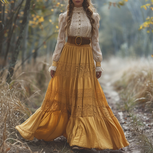 Women's Retro Country Pastoral Linen Style Long-sleeve Casual Maxi Long Dress