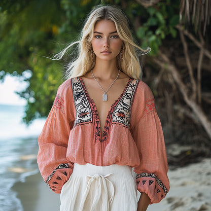 Women's Bohemian Ethnic Pattern Linen Style Casual Long-sleeved Top Shirt